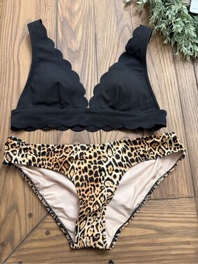 Victoria's Secret Black Scalloped Bralette Bikini Top with Leopard Print Bottom